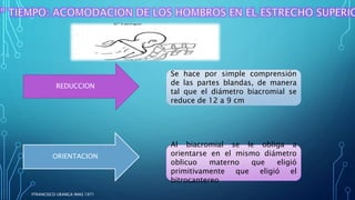 REDUCCION
ORIENTACION
Se hace por simple comprensión
de las partes blandas, de manera
tal que el diámetro biacromial se
reduce de 12 a 9 cm
Al biacromial se le obliga a
orientarse en el mismo diámetro
oblicuo materno que eligió
primitivamente que eligió el
bitrocantereo
FFRANCISCO URANGA IMAS 1971
 