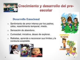 o Sentimiento de amor intenso por los padres,
celos, resentimiento temporal, miedo.
o Sensación de abandono.
o Curiosidad, iniciativa, deseo de explorar.
o Rabietas, aprende a reconocer sus límites y la
conducta aceptable.
Desarrollo Emocional
 