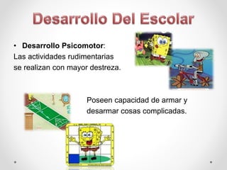 • Desarrollo Psicomotor:
Las actividades rudimentarias
se realizan con mayor destreza.
Poseen capacidad de armar y
desarmar cosas complicadas.
 
