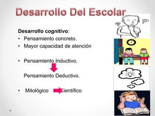 Desarrollo cognitivo:
• Pensamiento concreto.
• Mayor capacidad de atención
• Pensamiento Inductivo.
Pensamiento Deductivo.
• Mitológico Científico.
 