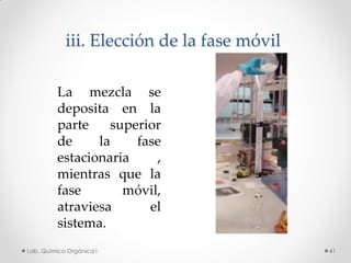 iii. Elección de la fase móvil
La mezcla se
deposita en la
parte superior
de la fase
estacionaria ,
mientras que la
fase móvil,
atraviesa el
sistema.
41Lab. Química Orgánica l
 