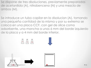 Se dispone de tres disoluciones, previamente preparadas
de acetanilida (A), nitrobenceno (N) y una mezcla de
ambos (M).
Se introduce un tubo capilar en la disolucion (A), tomando
una pequeña cantidad de la misma y por su extremo se
coloca en una placa CCF, con gel de silice como
adsorbente, una mancha a unos 6 mm del borde izquierdo
de la placa y a 4 mm del borde inferior.
46Lab. Química Orgánica l
 