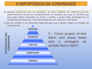 As pessoas reúnem-se com um propósito de como trabalhar por objetivos comuns,
    desenvolvendo normas de comportamento no processo para que os conflitos que
    irão surgir sejam resolvidos; se evitar o conflito, o grupo pode desintegrar-se ou
    simplesmente passar por cima dos problemas sem alcançar a afinidade.
A fase do conflito é um elemento essencial para que o grupo chegue ao estágio do
    desempenho.
                        SUSPENSÃO


                                             2 - Como grupos on-line
ESTÁGIOS DE UMA
  COMUNIDADE




                       DESEMPENHO
                                             lidam com essas fases
                                             sem a vantagem do
                         CONFLITOS
                                             contato face a face?

                       NORMATIZAÇÃO




                        FORMAÇÃO
 