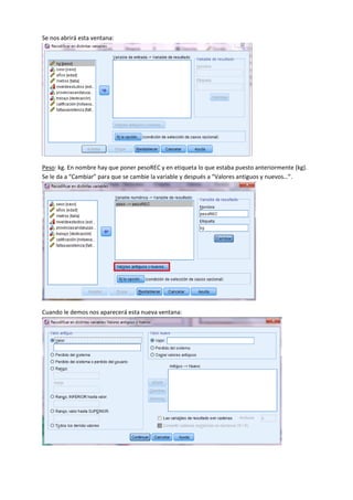 Se nos abrirá esta ventana:
Peso: kg. En nombre hay que poner pesoREC y en etiqueta lo que estaba puesto anteriormente (kg).
Se le da a “Cambiar” para que se cambie la variable y después a “Valores antiguos y nuevos…”.
Cuando le demos nos aparecerá esta nueva ventana:
 