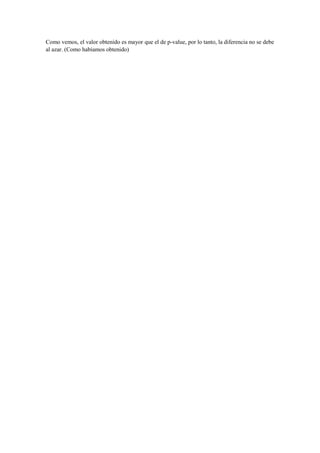 Como vemos, el valor obtenido es mayor que el de p-value, por lo tanto, la diferencia no se debe
al azar. (Como habíamos obtenido)
 