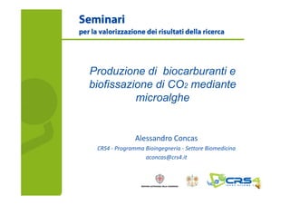 Produzione di biocarburanti e
biofissazione di CO2 mediante
          microalghe


               Alessandro Concas
 CRS4 - Programma Bioingegneria - Settore Biomedicina
                  aconcas@crs4.it
 