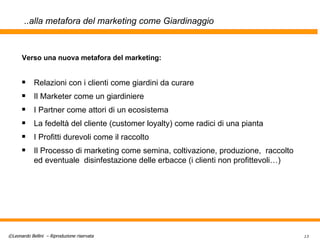 ..alla metafora del marketing come Giardinaggio Verso una nuova metafora del marketing : Relazioni con i clienti come giardini da curare Il  Marketer  come un giardiniere I  Partner  come attori di un ecosistema La fedeltà del cliente (customer loyalty) come radici di una pianta I Profitti durevoli come il raccolto Il Processo di marketing come semina, coltivazione, produzione,  raccolto ed eventuale  disinfestazione delle erbacce (i clienti non profittevoli…) 