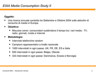 EIAA Media Consumption Study II Oggetto: Una ricerca annuale condotta tra Settembre e Ottobre 2004 sulle abitudini di consumo di media in Europa  Obiettivo: Misurare come i consumatori suddividono il tempo tra i vari media : TV, radio, giornali, riviste e Internet Metodologia: Interviste telefoniche random Campioni rappresentativi a livello nazionale 1000 intervistati in ogni paese: UK, FR, DE, ES e Italia 500 intervistati in ogni paese: Belgio, Olanda 333 intervistati in ogni paese: Danimarca, Svezia e Norvegia 