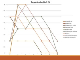 0
0.5
1
1.5
2
2.5
3
3.5
4
0 3 5 7 9 12 20
Concentracion NaCl (%)
Escherichia coli
Bacillus CFW
Staphylococcus aureus
Salmonella typhi
Bacillus subtilis
Saccharomyces cerevisiae
Pichia sp
pseudomonas aeruginosa
klebsiella pneumoniae
 