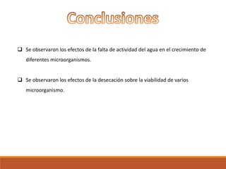  Se observaron los efectos de la falta de actividad del agua en el crecimiento de
diferentes microorganismos.
 Se observaron los efectos de la desecación sobre la viabilidad de varios
microorganismo.
 
