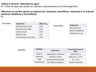 Organismo Mínimo AW
Saccharomyces rouxii 0,62
Saccharomyces bailii 0,80
Debaryomyces 0,83
Wallemia sebi 0,87
Saccharomyces cerevisiae 0,90
Halófilos
Organismo
Concentraciones de
NaCl
Extremo Halobacterium salinarum Arriba de 20 %
Moderado Haloferax volcanii Arriba de 10 – 20 %
Debil Friendmanniella lacustris 0.5 - 10 %
Halotolerante Nocardiopsis aquaticus Toleran la salinidad
Organismo
Micrococcus sp
Bacillus megaterium
Staphylococcus sp
•Defina el término “Actividad de agua”
R= Índice de agua que puede ser utilizado y aprovechado por el microorganismo
•Menciona el nombre (género y especie) de 3 bacterias osmofilicas, indicando si se trata de
bacterias halofilicas y sacarofilicas
R=
Osmofilos:
Sacarofilos:
Halófilos:
 