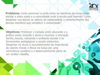 Problema: Como promover a união entre os membros da comunidade 
escolar e entre esses e a comunidade onde a escola está inserida? Como 
despertar nos alunos os valores de solidariedade e reconhecimento dos 
demais membros que compõem a comunidade? 
Objetivos: Promover o contato entre educando e a 
prática social, levando o aluno a vivenciar a interação 
família /escola, utilizando o ambiente escolar e as 
ferramentas pedagógicas e sociais existentes. 
Despertar no aluno o reconhecimento da importância 
de valores morais e éticos na busca por uma 
convivência saudável e o desenvolvimento pleno de 
um caráter cidadão; 
 