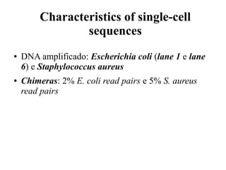 Characteristics of single-cell 
sequences 
● DNA amplificado: Escherichia coli (lane 1 e lane 
6) e Staphylococcus aureus 
● Chimeras: 2% E. coli read pairs e 5% S. aureus 
read pairs 
 