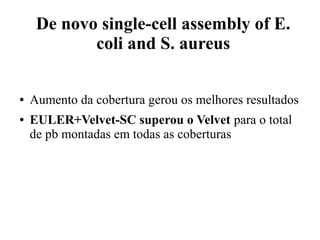 De novo single-cell assembly of E. 
coli and S. aureus 
● Aumento da cobertura gerou os melhores resultados 
● EULER+Velvet-SC superou o Velvet para o total 
de pb montadas em todas as coberturas 
 