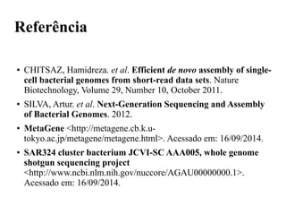 Referência 
● CHITSAZ, Hamidreza. et al. Efficient de novo assembly of single-cell 
bacterial genomes from short-read data sets. Nature 
Biotechnology, Volume 29, Number 10, October 2011. 
● SILVA, Artur. et al. Next-Generation Sequencing and Assembly 
of Bacterial Genomes. 2012. 
● MetaGene <http://metagene.cb.k.u-tokyo. 
ac.jp/metagene/metagene.html>. Acessado em: 16/09/2014. 
● SAR324 cluster bacterium JCVI-SC AAA005, whole genome 
shotgun sequencing project 
<http://www.ncbi.nlm.nih.gov/nuccore/AGAU00000000.1>. 
Acessado em: 16/09/2014. 
 