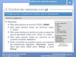 Software de control de versiones
23
Dpto. de Ingeniería de Telecomunicación
Área de Ingeniería Telemática
Universidad de Jaén
Escuela Politécnica Superior de Linares
Versión 2.0
Archivo .gitignore
Configuración y operación básica de un repositorio
 Patrones
 Filtro para ignorar el archivo TODO: /TODO
 Filtro para ignorar todos los archivos .class:
*.class
 Filtro para rastrear el archivo a.class a pesar de
que se ignorasen todos con *.class: !a.class
 Filtro para ignorar todos los archivos en la
carpeta modules: modules/
 Entre corchetes se pueden poner una especie
de expresiones regulares: [Dd]ebug/ quiere
decir que sería válido para Debug/ y para
debug/
2. Control de versiones con git
# User-specific
files
*.rsuser
*.suo
*.user
*.userosscache
*.sln.docstates
# Build results
[Dd]ebug/
[Dd]ebugPublic/
[Rr]elease/
[Rr]eleases/
Ejemplo de
fichero .gitignore
 