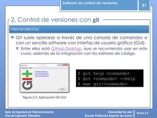 Software de control de versiones
31
Dpto. de Ingeniería de Telecomunicación
Área de Ingeniería Telemática
Universidad de Jaén
Escuela Politécnica Superior de Linares
Versión 2.0
Herramientas
 Git suele operarse a través de una consola de comandos o
con un sencillo software con interfaz de usuario gráfica (GUI).
 Entre ellos está GitHub Desktop, que se recomienda usar en este
curso, además de la integración con los editores de código.
2. Control de versiones con git
Figura 2-3. Aplicación Git GUI
$ git help <comando>
$ git <comando> --help
$ man git-<comando>
 