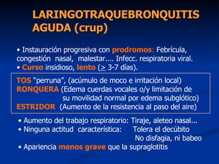 LARINGOTRAQUEBRONQUITIS AGUDA (crup)  <ul><li>Instauración progresiva con  prodromos :  Febrícula,  congestión  nasal,  ma...