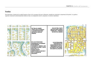 PARTE II : Análisis del la propuesta
Sendas
Para determinar el diseño de las sendas Seaside se baso en los conceptos del nuevo urbanismo, tomando por sobretodo la importancia del peatón. Los graficos
siguientes muestran las determinantesde diseño en base a la comparación entre la propuesta y los barrios suburbanos
EN LOS TNDs TANTO
PEATON COMO CARROS
TIENEN UNA VARIEDAD
DE ROUTAS. ADEMÁS
LAS EXTENSIONES
SUBURBANAS SE
CARACTERIZAN POR LA
PREFERENCIA ANTE EL
AUTOMÓVIL SIN TOMAR
EN CUENTA AL PEATON
EN TNDs EL DISEÑO
JUEGA CON LAS SENDAS
Y LOS EDIFICIOS PARA
DEFINIR EL ESPACIO
URBANO
EN LAS EXTENSIONES
SUBURBANAS LAS SENDAS
SE DETRMINAN
VAGAMENTE ADEMÁS QUE
LAS EDIFICACIONES VELAN
POCO POR LA
POSIBILIDAD DE
ORIENTACIÓN AL PEATON Y
POR LA UNIDAD DE
CONJUNTO
 