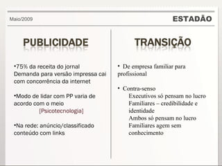 ESTADÃO Maio/2009 75% da receita do jornal Demanda para versão impressa cai com concorrência da internet Modo de lidar com PP varia de acordo com o meio [Psicotecnologia] Na rede: anúncio/classificado conteúdo com links De empresa familiar para profissional Contra-senso Executivos só pensam no lucro Familiares – credibilidade e identidade Ambos só pensam no lucro Familiares agem sem conhecimento 