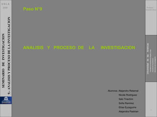 U D L A 2008 SEMINARIO  DE  INVESTIGACION 9.- ANALISIS Y PROCESO DE LA INVESTIGACION Universidad  de  las  Américas Facultad de Arquitectura Diseño y Arte  Escuela de Arquitectura Seminario de Investigación Profesor: Arnaldo Ruiz Alumnos: Alejandro Retamal Nicole Rodriguez Italo Tirachini Sofia Ramirez Elías Eyzaguirre Alejandra Pastrian Paso N°9  ANALISIS  Y  PROCESO  DE  LA  INVESTIGACION 1 