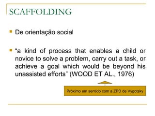 SCAFFOLDING

   De orientação social

   “a kind of process that enables a child or
    novice to solve a problem, carry out a task, or
    achieve a goal which would be beyond his
    unassisted efforts” (WOOD ET AL., 1976)

                      Próximo em sentido com a ZPD de Vygotsky
 