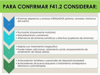 PARA CONFIRMAR F41.2 CONSIDERAR:
-
• Síntomas depresivos y ansiosos ATENUADOS (astenia, anorexia, trastornos
del sueño)
-
• Fluctuante (mayormente matutino)
• Exacerbaciones y remisiones
• Alternancia de síntomas somáticos y afectivos (suplencia de síntomas)
-
• Mejoría con tratamiento inespecífico
• Puede haber: adicciones, aislamiento social, empeoramiento de
rendimiento de tareas diarias.
-
• Antecedentes familiares o personales de depresión/ansiedad
• Antecedentes de buena respuesta a tratamiento antidepresivo
(fármacos o psicoterapia)
 