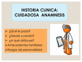 HISTORIA CLINICA:
CUIDADOSA ANAMNESIS
 ¿Qué le pasa?
 ¿Desde cuando?
 ¿A qué atribuye?
Antecedentes familiares
Rasgos de personalidad
 