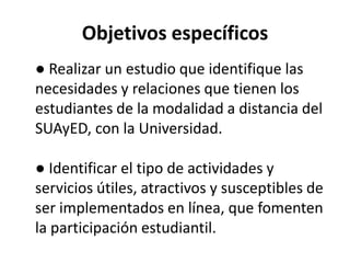 Objetivos específicos
● Realizar un estudio que identifique las
necesidades y relaciones que tienen los
estudiantes de la modalidad a distancia del
SUAyED, con la Universidad.

● Identificar el tipo de actividades y
servicios útiles, atractivos y susceptibles de
ser implementados en línea, que fomenten
la participación estudiantil.
 