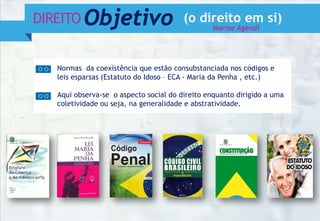 DIREITO Objetivo
Normas da coexistência que estão consubstanciada nos códigos e
leis esparsas (Estatuto do Idoso – ECA - Maria da Penha , etc.)
Aqui observa-se o aspecto social do direito enquanto dirigido a uma
coletividade ou seja, na generalidade e abstratividade.
(o direito em si)
Norma Agendi
 