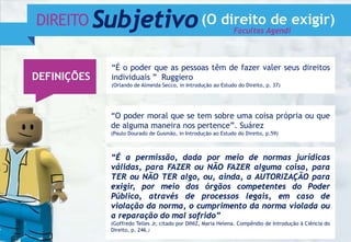 “É a permissão, dada por meio de normas jurídicas
válidas, para FAZER ou NÃO FAZER alguma coisa, para
TER ou NÃO TER algo, ou, ainda, a AUTORIZAÇÃO para
exigir, por meio dos órgãos competentes do Poder
Público, através de processos legais, em caso de
violação da norma, o cumprimento da norma violada ou
a reparação do mal sofrido”
(Goffredo Telles Jr, citado por DINIZ, Maria Helena. Compêndio de Introdução à Ciência do
Direito, p. 246.)
“O poder moral que se tem sobre uma coisa própria ou que
de alguma maneira nos pertence”. Suárez
(Paulo Dourado de Gusmão, in Introdução ao Estudo do Direito, p.59)
“É o poder que as pessoas têm de fazer valer seus direitos
individuais ” Ruggiero
(Orlando de Almeida Secco, in Introdução ao Estudo do Direito, p. 37)
DIREITO Subjetivo(O direito de exigir)
DEFINIÇÕES
Facultas Agendi
 