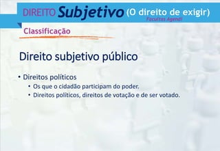 DIREITO Subjetivo(O direito de exigir)
Classificação
Direito subjetivo público
• Direitos políticos
• Os que o cidadão participam do poder.
• Direitos políticos, direitos de votação e de ser votado.
Facultas Agendi
 