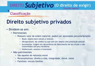 DIREITO Subjetivo(O direito de exigir)
Classificação
Direito subjetivo privados
• Dividem-se em:
• Patrimoniais
• Possuem valor de ordem material, podem ser apreciados pecuniariamente
• Reais: objeto bem móveis e imóveis
• Obrigacionais: de crédito ou que tem por objeto uma prestação pessoal
• Sucessórios: surgem em decorrência do falecimento de seu titular e são
transmitidos aos seus herdeiros
• Intelectuais: autores e inventores
• Não-patrimoniais
• São aqueles de natureza moral
• Personalíssimos: direito a vida, integridade, moral, nome
• Familiais: vinculo familiar
Facultas Agendi
 
