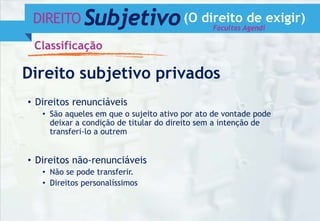 DIREITO Subjetivo(O direito de exigir)
Classificação
Direito subjetivo privados
• Direitos renunciáveis
• São aqueles em que o sujeito ativo por ato de vontade pode
deixar a condição de titular do direito sem a intenção de
transferi-lo a outrem
• Direitos não-renunciáveis
• Não se pode transferir.
• Direitos personalíssimos
Facultas Agendi
 
