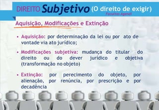 DIREITO Subjetivo(O direito de exigir)
Aquisição, Modificações e Extinção
• Aquisição: por determinação da lei ou por ato de
vontade via ato jurídico;
• Modificações subjetiva: mudança do titular do
direito ou do dever jurídico e objetiva
(transformação no objeto)
• Extinção: por perecimento do objeto, por
alienação, por renúncia, por prescrição e por
decadência
Facultas Agendi
 