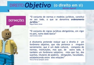 A dicotomia pretende realçar que o direito é um
fenômeno objetivo, que não pertence a ninguém
socialmente, que é um dado cultural, composto de
normas, instituições, mas que, de outro lado, é
também um fenômeno subjetivo, visto que faz, dos
sujeitos, titulares de poderes, obrigações, faculdades,
estabelecendo entre eles relações”
Tércio Ferraz Sampaio Júnior
“O conjunto de regras jurídicas obrigatórias, em vigor
no pais, numa dada época”
José Cretela Júnior
“O conjunto de normas e modelos jurídicos, constitui
no seu todo, o que se denomina ordenamento
jurídico.”
Miguel Reale Júnior
DEFINIÇÕES
DIREITO Objetivo (o direito em si)
Norma Agendi
 