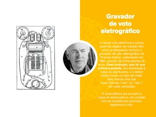 Gravador
de voto
eletrográfico
A nossa urna eletrônica e outros
sistemas digitais de votação têm
como antepassado comum o
gravador de voto eletrográfico de
Thomas Edison, patenteado em
1869, quando ele tinha apenas 22
anos. Essa invenção, que foi sua
primeira patente, era conectada à
mesa do escriturário, e o eleitor
podia mover um tipo de metal
para marcar uma das
duas colunas (“sim” ou “não”)
em cada candidato.
O sinal elétrico era enviado à
mesa do escriturário e, em contato
com as substâncias químicas,
registrava o voto.
 
