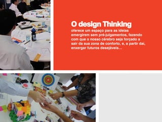 O design Thinking
oferece um espaço para as ideias
emergirem sem pré-julgamentos, fazendo
com que o nosso cérebro seja forçado a
sair da sua zona de conforto, e, a partir daí,
enxergar futuros desejáveis…
 