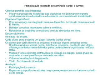 Primeira aula integrada de seminário Tarde: 5 turmas
Objetivo geral da aula integrada:
• Iniciar o processo de integração das disciplinas no Seminário Integrado
   oportunizando aos educandos e educadores um momento de socialização.
Objetivos Específicos:
• Criar um espaço de integração entre as diferentes turmas do primeiro ano do
   E. Médio.
• Debater conceitos levantados sobre a temática;
• Relacionar as questões do cotidiano com as abordadas no filme.
Desenvolvimento:
No salão da escola.
Cada aluno entra e ganha um papel colorido (várias cores)
Os alunos por cores devem se encontrar e discutir alguns conceitos como:
   Conflitos raciais e sociais ( ética, tolerância, disciplina, aceitação das ideias,
   diferenças)anteriormente definidos pelos professores e organizadas no Data
   show.
• Mística: Fichas coloridas distribuídas na entrada do espaço. Cada grupo irá
   responder a uma questão que antecede ao vídeo.
• Vídeo sobre relações interpessoais.
• Título: Escritores da Liberdade
Avaliação:
• Participação dos alunos
• Repensar sua postura e atitudes no grupo expressando suas ideias e ouvindo
   as do colega.
 