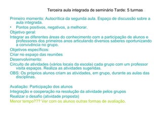 Terceira aula integrada de seminário Tarde: 5 turmas

Primeiro momento: Autocrítica da segunda aula. Espaço de discussão sobre a
    aula integrada.
• Pontos positivos, negativos, a melhorar.
Objetivo geral:
Integrar as diferentes áreas do conhecimento com a participação de alunos e
    professores dos primeiros anos articulando diversos saberes oportunizando
    a convivência no grupo.
Objetivos específicos:
Criar no espaço das reuniões
Desenvolvimento:
Circuito de atividades (vários locais da escola) cada grupo com um professor
    visita espaços. Realiza as atividades sugeridas.
OBS: Os próprios alunos criam as atividades, em grupo, durante as aulas das
    disciplinas.

Avaliação: Participação dos alunos
Integração e cooperação na resolução da atividade pelos grupos
Realizar o desafio (atividade proposta)
Menor tempo??? Ver com os alunos outras formas de avaliação.
 