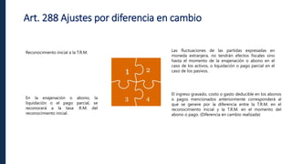 Art. 288 Ajustes por diferencia en cambio
Reconocimiento inicial a la T.R.M.
En la enajenación o abono, la
liquidación o el pago parcial, se
reconocerá a la tasa .R.M. del
reconocimiento inicial.
Las fluctuaciones de las partidas expresadas en
moneda extranjera, no tendrán efectos fiscales sino
hasta el momento de la enajenación o abono en el
caso de los activos, o liquidación o pago parcial en el
caso de los pasivos.
El ingreso gravado, costo o gasto deducible en los abonos
o pagos mencionados anteriormente corresponderá al
que se genere por la diferencia entre la T.R.M. en el
reconocimiento inicial y la T.R.M. en el momento del
abono o pago. (Diferencia en cambio realizada)
 