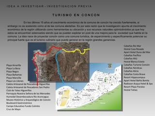 T U R I S M O  E N  C O N C O N Playa Amarilla Playa La Boca Playa Negra Playa Bahamas Playa Mancilla Playa Los Lilenes Caleta Artesanal de Pescadores Higuerillas Caleta Artesanal de Pescadores San Pedro Club de Yates Higuerillas Parroquia Nuestra Señora de las Mercedes Humedal Desembocadura Río Aconcagua Museo Histórico y Arqueológico de Concón Boulevard Gastronómico Campo Educativo Fundo Colmito Cruz de Mayo Cabañas Río Mar Hostal Casa Rosada Apart Hotel Duna del Mar Cabañas Pacífico Cabañas Altú Hostal Blanca Estela Cabañas Turismo Concón Cabañas Nórdicas Cabañas Alicia Cabañas Costa Brava Resort Hippocampus Apart Hotel Bahía Bonita Radisson Acqua Hotel & Spa Resort Playa Paraíso Hostal Taitao I D E A  A  I N V E S T I G A R  -  I N V E S T I G A C I O N  P R E V I A    En los últimos 15 años el crecimiento económico de la comuna de concón ha crecido fuertemente, si embargo no es sostenido como el de las comuna aledañas. Es por esta razón que la investigación apunta al crecimiento económico de la región utilizando como herramientas su ubicación y sus recursos naturales optimizándolos ya que hoy estos se encuentran estancados siendo que se pueden explotar en post de una mejora para la  sociedad que habita en la comuna. La idea nace de proyectar concón como una comuna turística, de esparcimiento y específicamente potenciar su principal fuerte que es el turismo culinario que puede generar en la región grandes ganancias. 