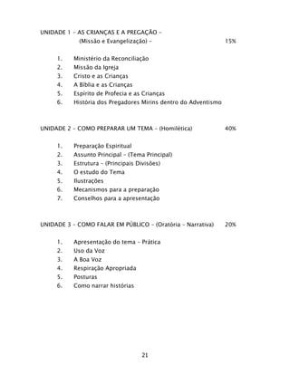 21
UNIDADE 1 – AS CRIANÇAS E A PREGAÇÃO –
(Missão e Evangelização) – 15%
1. Ministério da Reconciliação
2. Missão da Igreja
3. Cristo e as Crianças
4. A Bíblia e as Crianças
5. Espírito de Profecia e as Crianças
6. História dos Pregadores Mirins dentro do Adventismo
UNIDADE 2 – COMO PREPARAR UM TEMA – (Homilética) 40%
1. Preparação Espiritual
2. Assunto Principal – (Tema Principal)
3. Estrutura – (Principais Divisões)
4. O estudo do Tema
5. Ilustrações
6. Mecanismos para a preparação
7. Conselhos para a apresentação
UNIDADE 3 – COMO FALAR EM PÚBLICO – (Oratória – Narrativa) 20%
1. Apresentação do tema – Prática
2. Uso da Voz
3. A Boa Voz
4. Respiração Apropriada
5. Posturas
6. Como narrar histórias
 