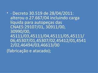 -   Decreto 30.519 de 28/04/2011: alterou o 27.667/04 incluindo carga líquida para autopeças das CNAES:29107/01, 30911/00, 30990/00, 45111/03,45111/04,45111/05,45111/06,45307/01,45307/02,45412/01,45412/02,46494/03,46613/00 (fabricação e atacado); 