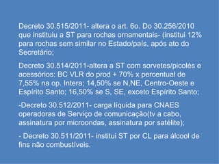 Decreto 30.515/2011- altera o art. 6o. Do 30.256/2010 que instituiu a ST para rochas ornamentais- (institui 12% para rochas sem similar no Estado/país, após ato do Secretário; Decreto 30.514/2011-altera a ST com sorvetes/picolés e acessórios: BC VLR do prod + 70% x percentual de 7,55% na op. Intera; 14,50% se N,NE, Centro-Oeste e Espírito Santo; 16,50% se S, SE, exceto Espírito Santo; -Decreto 30.512/2011- carga líquida para CNAES  operadoras de Serviço de comunicação(tv a cabo,  assinatura por microondas, assinatura por satélite); - Decreto 30.511/2011- institui ST por CL para álcool de fins não combustíveis. 