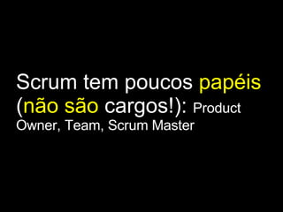 Scrum tem poucos  papéis  ( não são  cargos!):  Product Owner, Team, Scrum Master 