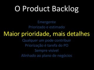 O Product Backlog Emergente Priorizado e estimado Maior prioridade, mais detalhes Qualquer um pode contribuir Priorização é tarefa do PO Sempre visível Alinhado ao plano de negócios 