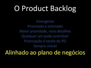 O Product Backlog Emergente Priorizado e estimado Maior prioridade, mais detalhes Qualquer um pode contribuir Priorização é tarefa do PO Sempre visível Alinhado ao plano de negócios 