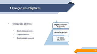 A Fixação dos Objetivos
 Hierarquia de objetivos:
 Objetivos estratégicos
 Objetivos táticos
 Objetivos operacionais
8
organizacionais
e globais
departamentais
de cada
atividade
 
