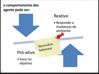 o comportamento dos
agente pode ser:
                      Reativo
                      • Responde a
                        mudanças do
                        ambiente




       Pró-ativo
       • Foco no
         objetivo
 